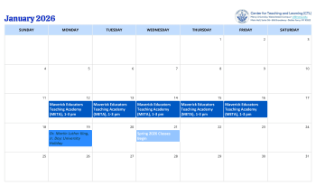 January 2026 calendar listing events for the Center for Teaching and Learning.