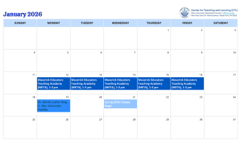 January 2026 calendar listing events for the Center for Teaching and Learning.