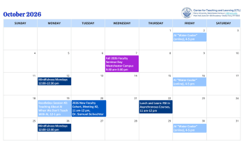 October 2026 calendar listing events for the Center for Teaching and Learning.
