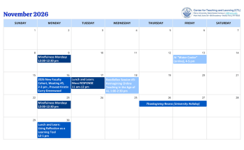 November 2026 calendar listing events for the Center for Teaching and Learning.