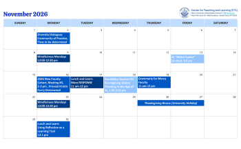 November 2026 calendar listing events for the Center for Teaching and Learning.