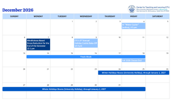 December 2026 calendar listing events for the Center for Teaching and Learning.