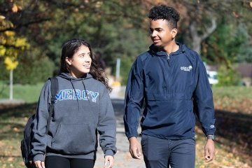 Mercy University students walking around the Westchester Campus