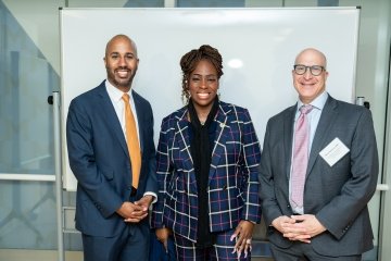 Derrick Lewis, chair and co-founder of The Bronx Community Foundation, Bronx Borough President Vanessa L. Gibson and Brian Amkraut,  vice president of Workforce Credentialing and Community Impact at Mercy University