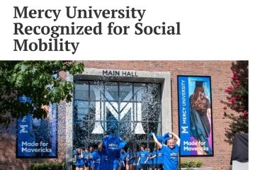 The Hudson Independent headline Mercy University Recognized for Social Mobility above a photo of Mercy students celebrating Mercy University launch