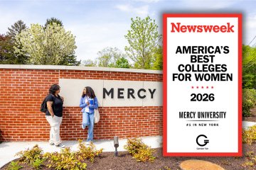 Mercy University entrance in Dobbs Ferry and Newsweek Best Colleges for Women 2026 badge for Mercy as #1 in New York