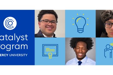 Catalyst Program logo and three of its honor students