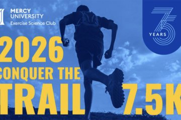 Image with runner and title 2026 Conquer the Trail 7.5K with Mercy University logo on top and 75th anniversary logo