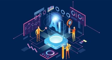 graphic design showing people inside a computer representing AI