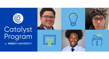 Catalyst Program logo and three of its honor students