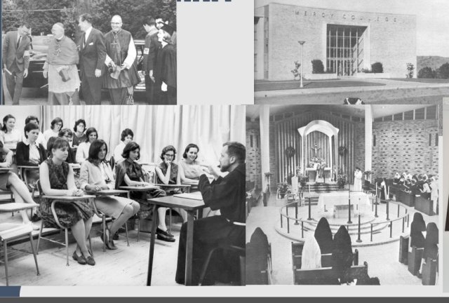 Old pictures of Mercy in Dobbs Ferry, including students, the chapel and main building